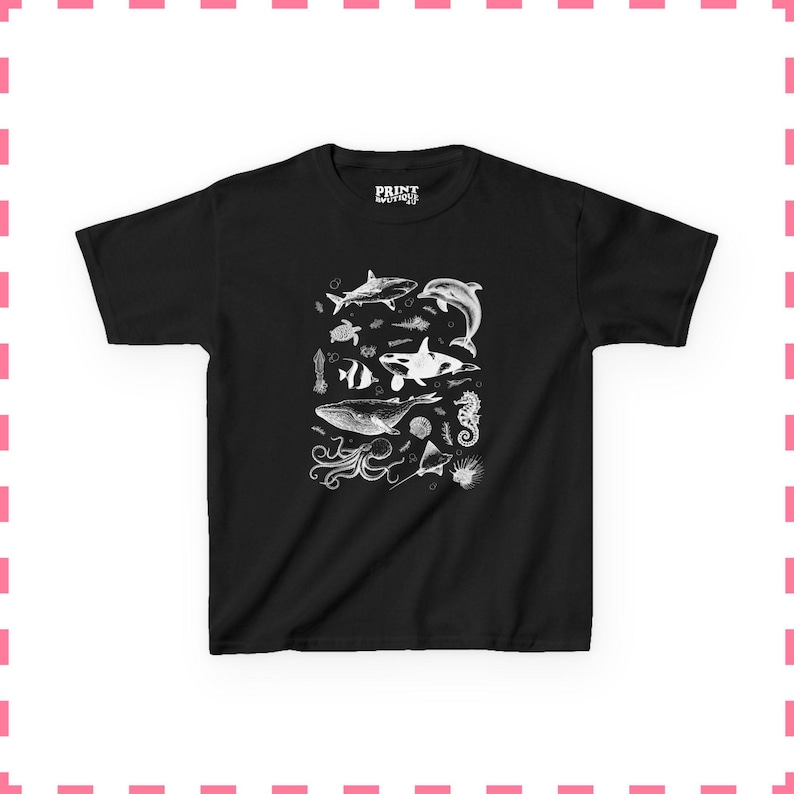 Camiseta de bebé con animales marinos, camiseta con estampado oceánico, camiseta con vida marina, camiseta estética Y2K, camiseta con estampado de ballena y delfín, camiseta de regalo para acuario Black