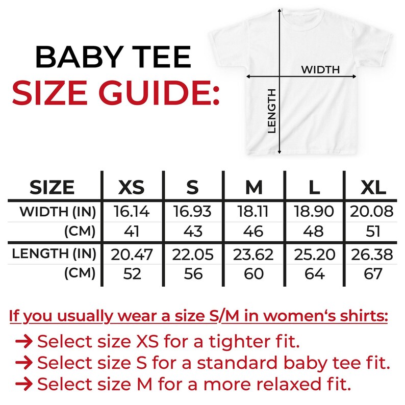 Puede incluir: Gu&iacute;a de tallas de camiseta de beb&eacute; blanca con medidas en pulgadas y cent&iacute;metros. La gu&iacute;a incluye medidas de ancho y largo para las tallas XS a XL. El texto inferior aconseja sobre la selecci&oacute;n de tallas.