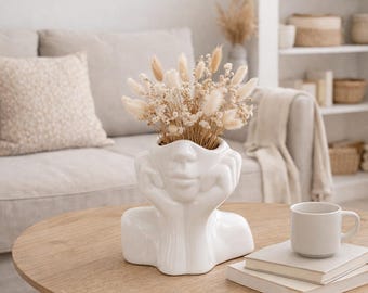 White Ceramic Face Vase – Modern Minimalist Desk Planter, Scandinavian Art Pot