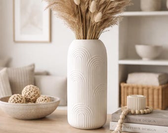 Textured White Ceramic Arc Relief Vase – Modern Scandinavian Home Decor