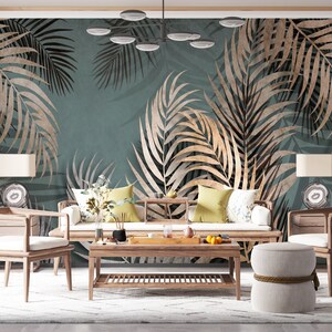 Dark Green Wall Copper Leaves, Tropical Peel and Stick Wallpaper, Removable Wall Mural, Exotic Forest Wallpaper, Wall Decor, Living Room