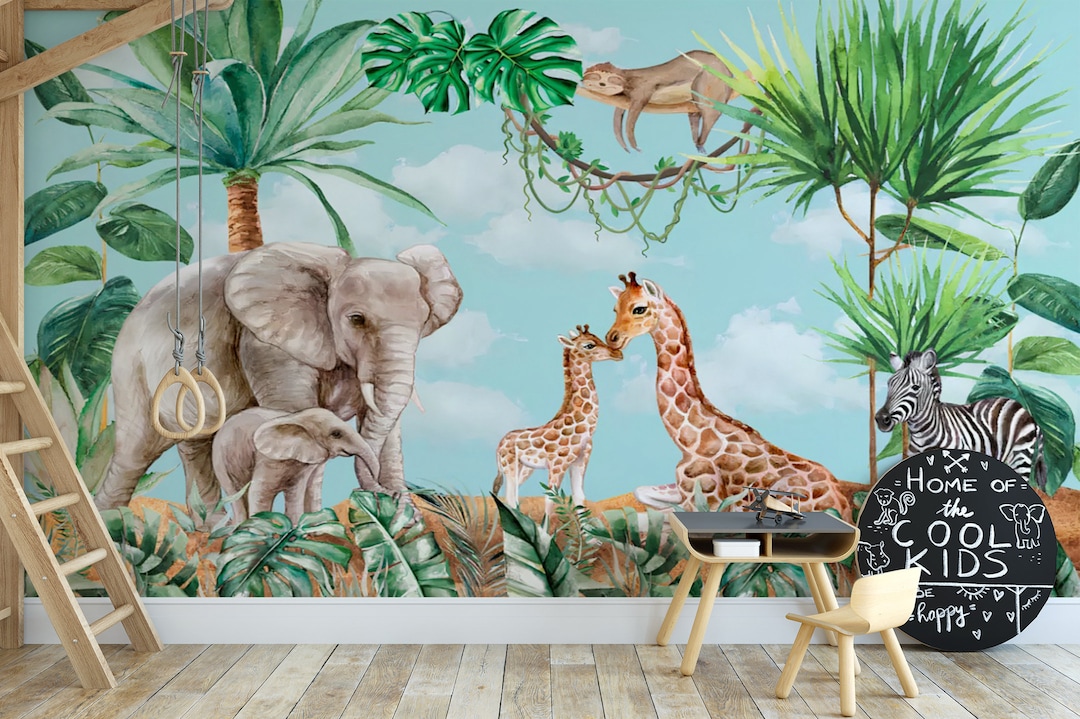 Safari Animals Wallpaper Mural: Tropical Nursery Peel and Stick - Etsy