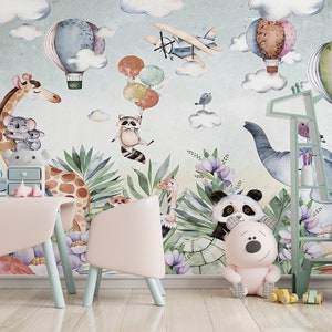 Papel pintado para niños Peel and Stick, Mural de pared de animales de la habitación para niños, Decoración autoadhesiva de la guardería, Papel pintado para niños, Mural de pared de la habitación para niños, Guardería