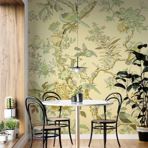 Chinoiserie Flowers and Birds Wallpaper, Chinoiserie Peel and Stick Mural Poster, Tree and Bird Wall Mural, Removable Wall Mural