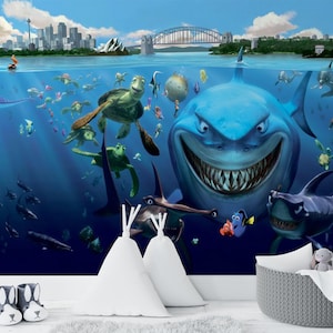 Crazy Shark Sea Life Kids Wallpaper Peel and Stick, Underwater Animal Mural for Nursery Playroom, Kids Wallpaper Peel-and-Stick