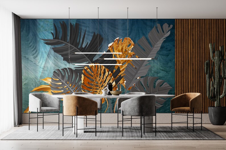 Blue Wall Grey and Gold Leaves Wallpaper, Tropical Peel and Stick