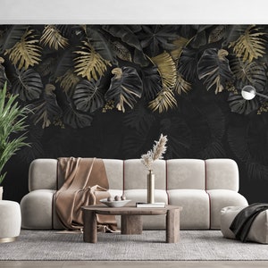 Black Wall Gold UpsideDown Palm Leaves Wallpaper,Tropical Peel and Stick Wallpaper, Removable Wall Mural, Exotic Forest Wallpaper,Wall Decor