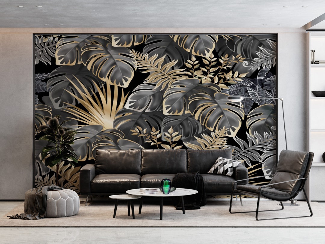 Black and Gold Palm Wallpaper Tropical Wallpaper Removable Etsy