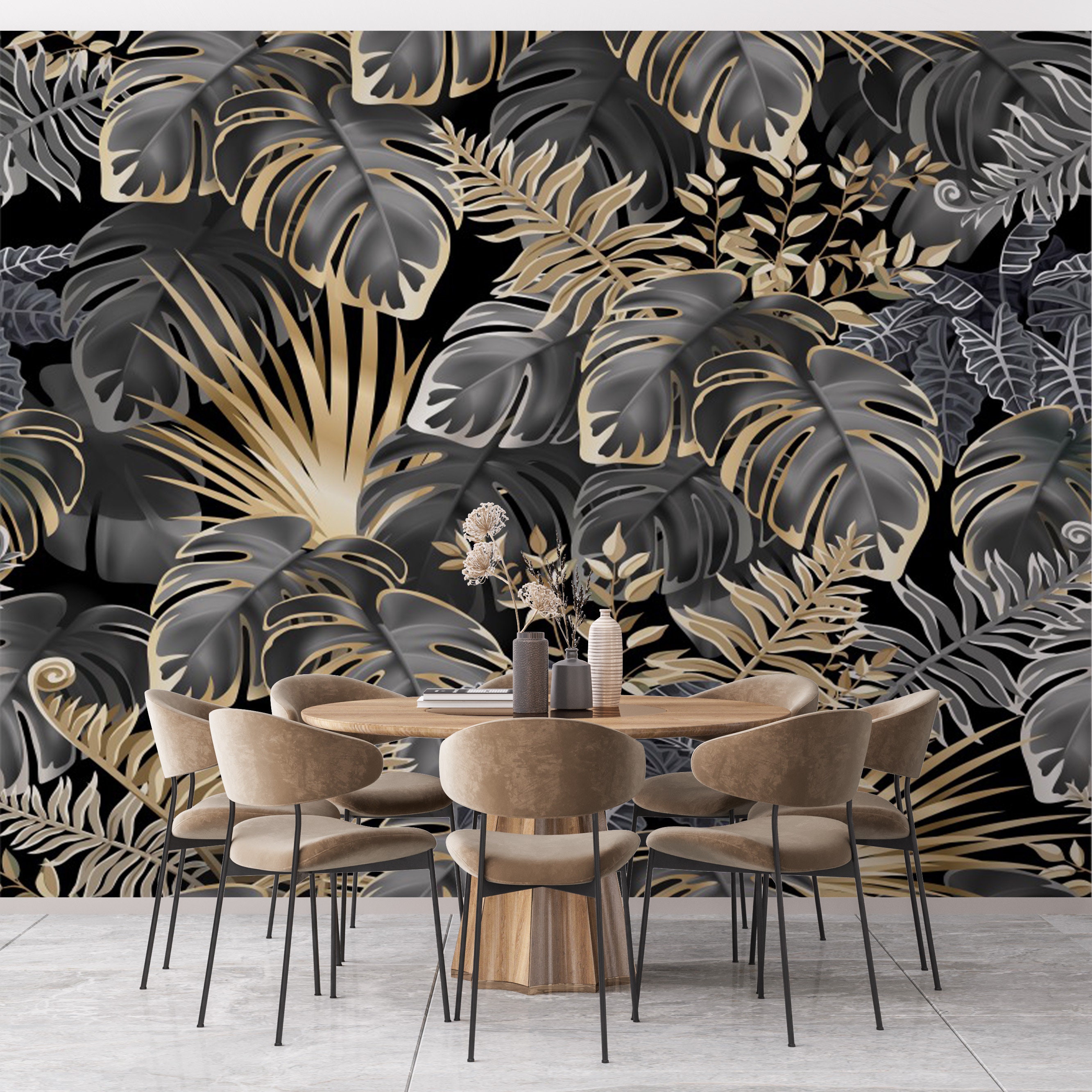 Black and Gold Palm Wallpaper Tropical Wallpaper Removable Etsy