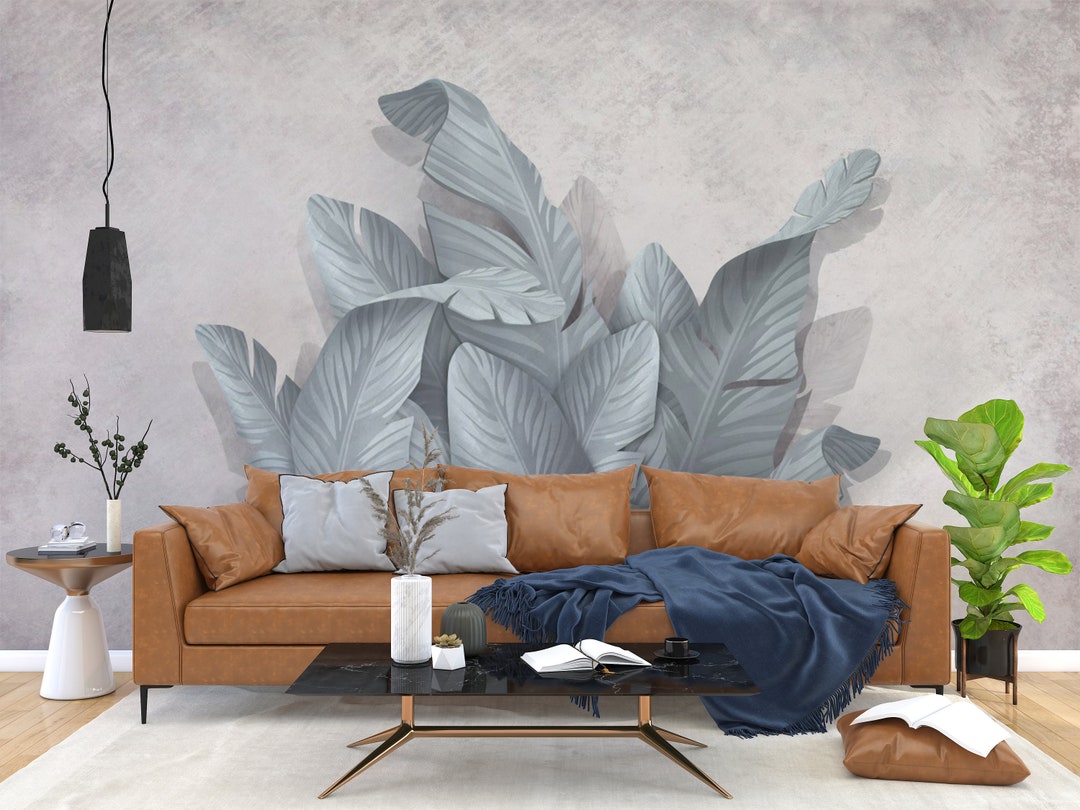 White Wall Silver Leaves Wallpaper Tropical Peel and Stick Etsy