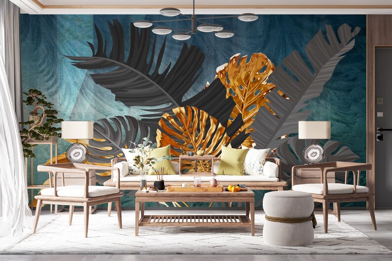 Blue Wall Grey and Gold Leaves Wallpaper, Tropical Peel and Stick