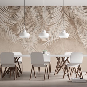 Cream Color Upside Down Palm Leaves Wallpaper,Tropical Peel and Stick Wallpaper, Removable Wall Mural, Exotic Forest Wallpaper, Wall Decor