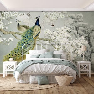 Peacock Chinoiserie Wallpaper Peel and Stick, Birds with Floral Customize Wall Mural, Chinoiserie Removable Wall Art, Asian Style Wallpaper