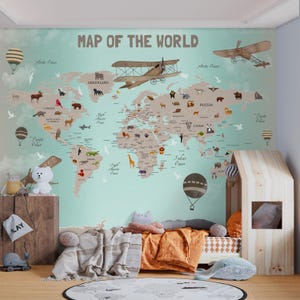 Educational World Map Wallpaper for Kids Room, Educational World Map with Cute Animals by Country & Region, Peel and Stick Kids World Map
