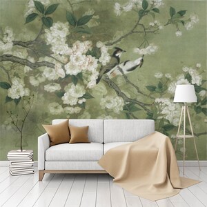 Chinoiserie Flowers and Birds Wallpaper, Chinoiserie Peel and Stick Mural Poster, Tree and Bird Wall Mural, Removable Wall Mural