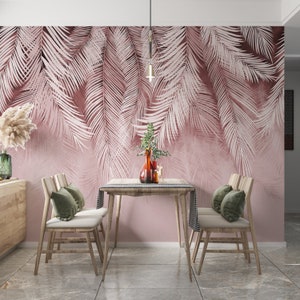 Carta da parati rosa con foglie di palma capovolte rosa, carta da parati tropicale a buccia e stick, murale rimovibile, carta da parati foresta esotica, decorazione della parete