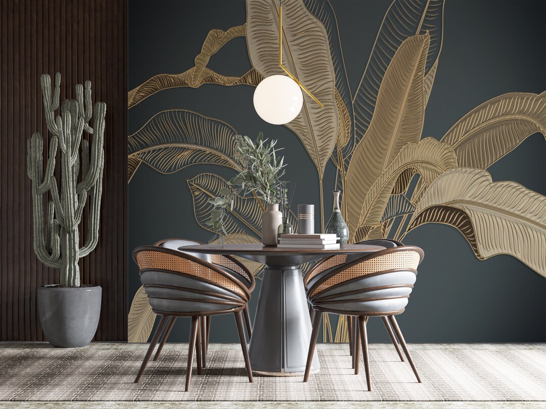 Black Wall Gold Big Branched Palm Leaves Wallpapertropical Etsy