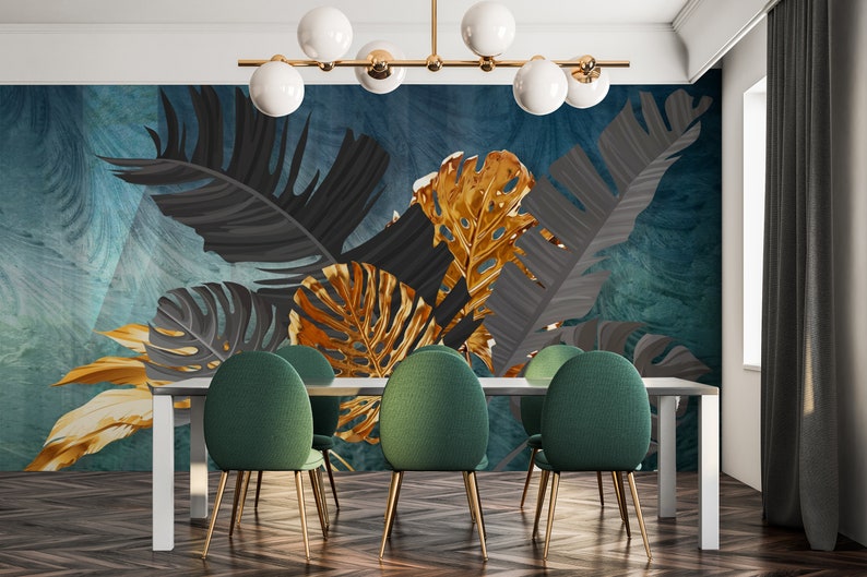 Blue Wall Grey and Gold Leaves Wallpaper, Tropical Peel and Stick