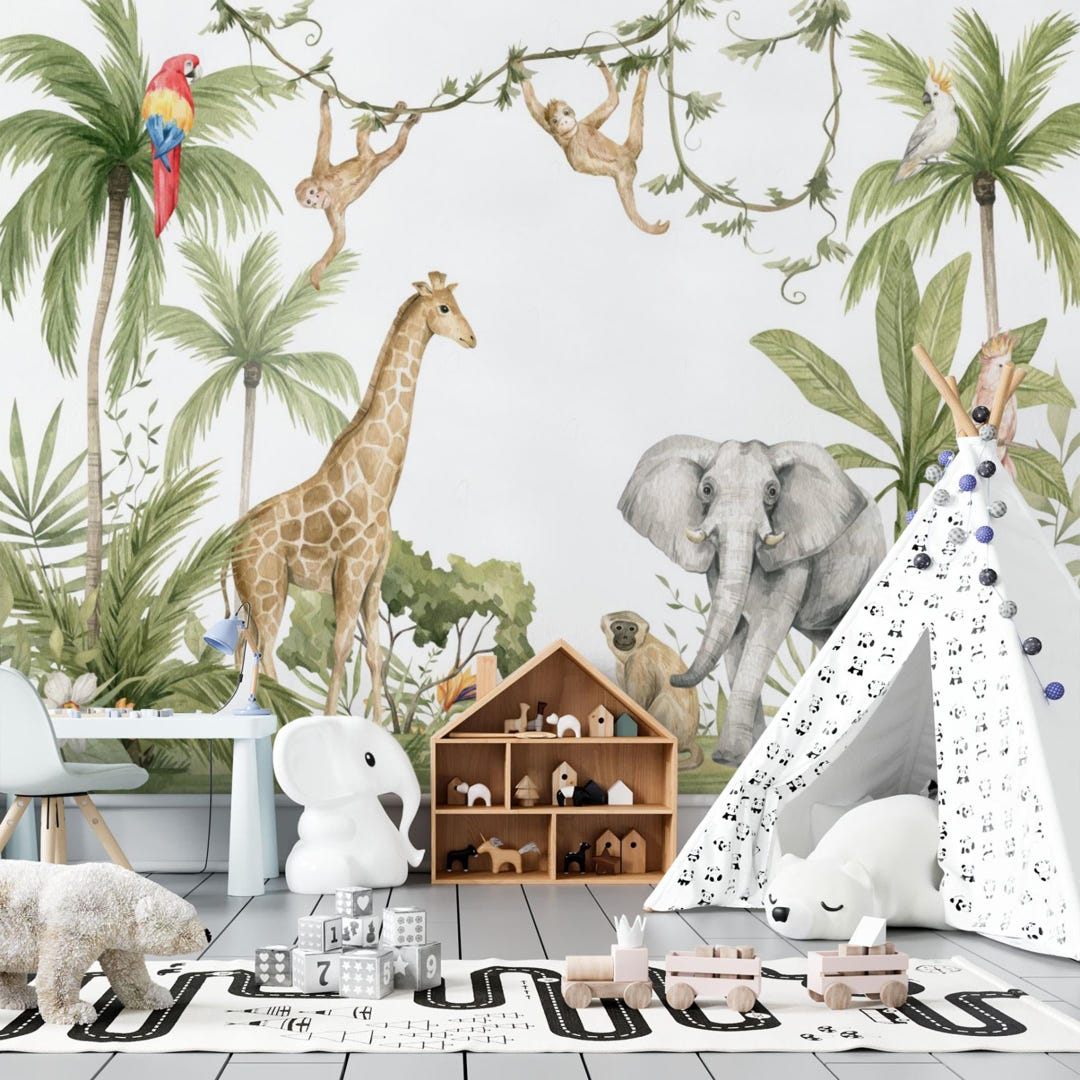 Jungle Animal Wallpaper Mural, Peel and Stick, Kids Nursery Decor - Etsy