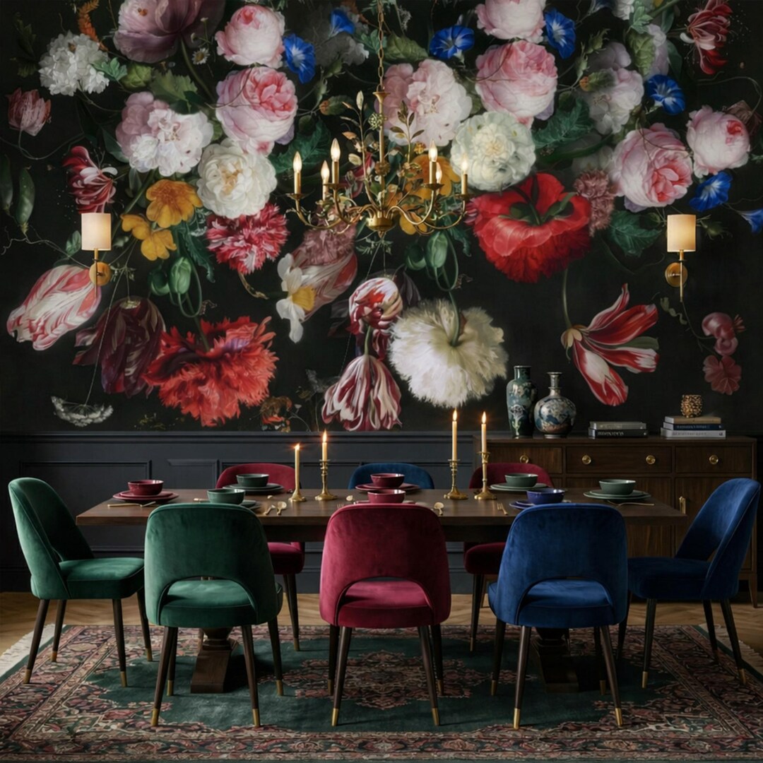 Dark Floral Peony Wallpaper Mural: Luxury Vintage Flower Removable Peel ...