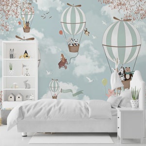 Carta da parati per bambini con simpatici animali in palloncino volante, carta da parati per bambini staccabile e incollabile, carta da parati rimovibile per bambini, decorazione autoadesiva per la cameretta