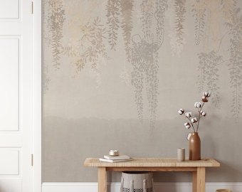 Boho Hanging Floral Leaves Wallpaper Mural: Neutral Flower Peel and Stick