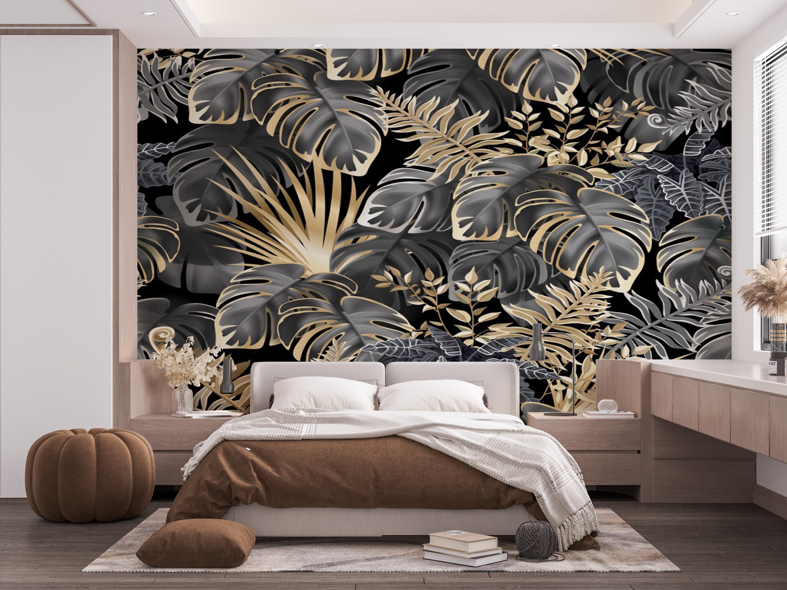Black and Gold Palm Wallpaper Tropical Wallpaper Removable Etsy
