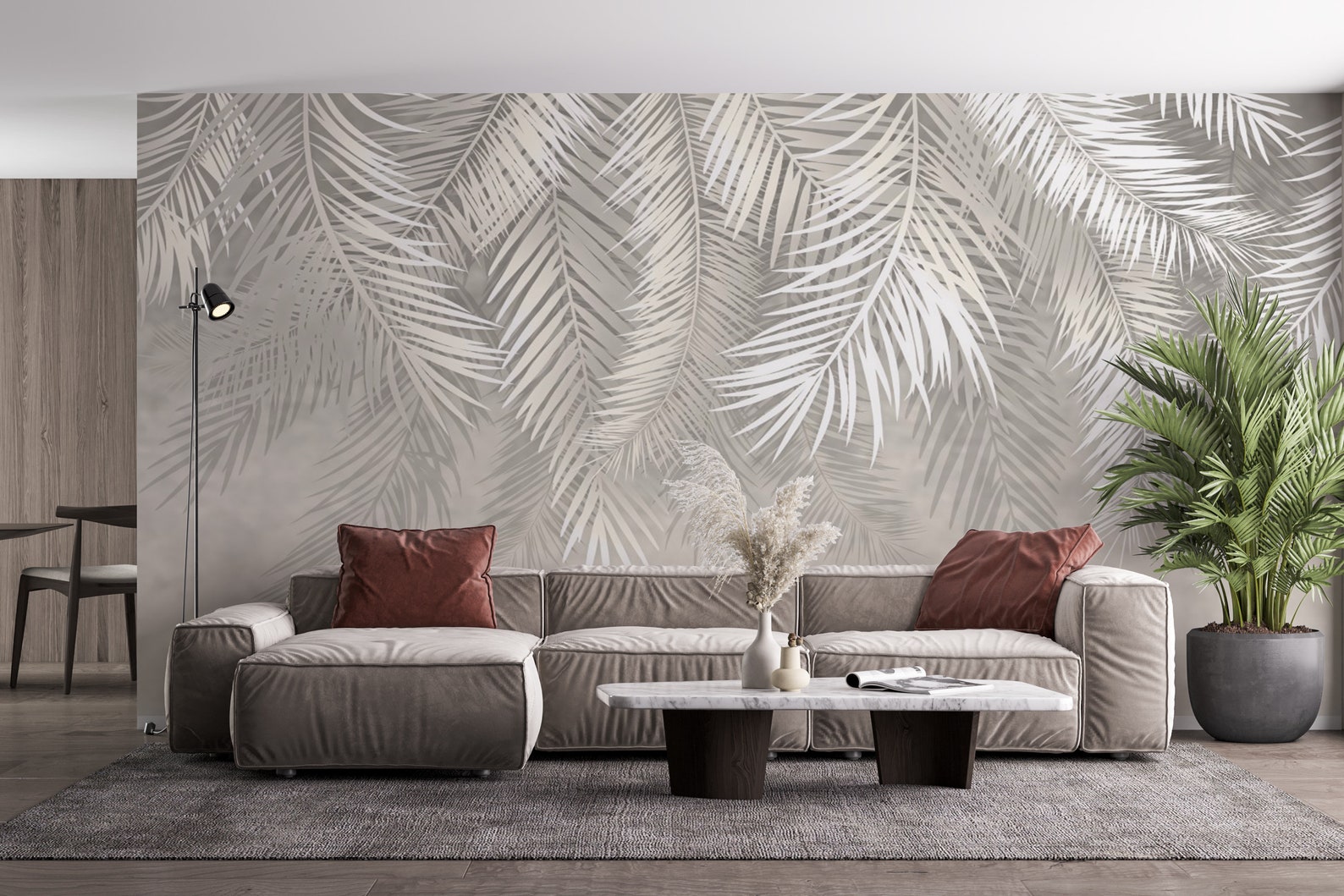 Soft White and Silver Leaves Wallpaper, Tropical Peel and Stick Wallpaper, Removable Wall Mural