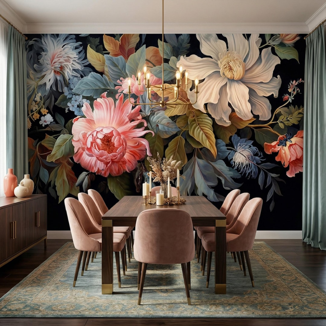 Dark Floral Peony Wallpaper Mural: Elegant Vintage Flower Removable ...