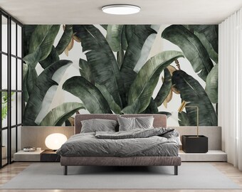 Green Tropical Banana Leaves Wallpaper Mural: Exotic Neutral Removable Peel and Stick