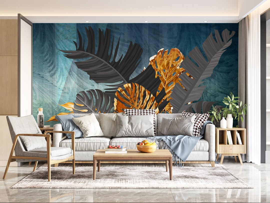 Blue Wall Grey and Gold Leaves Wallpaper, Tropical Peel and Stick