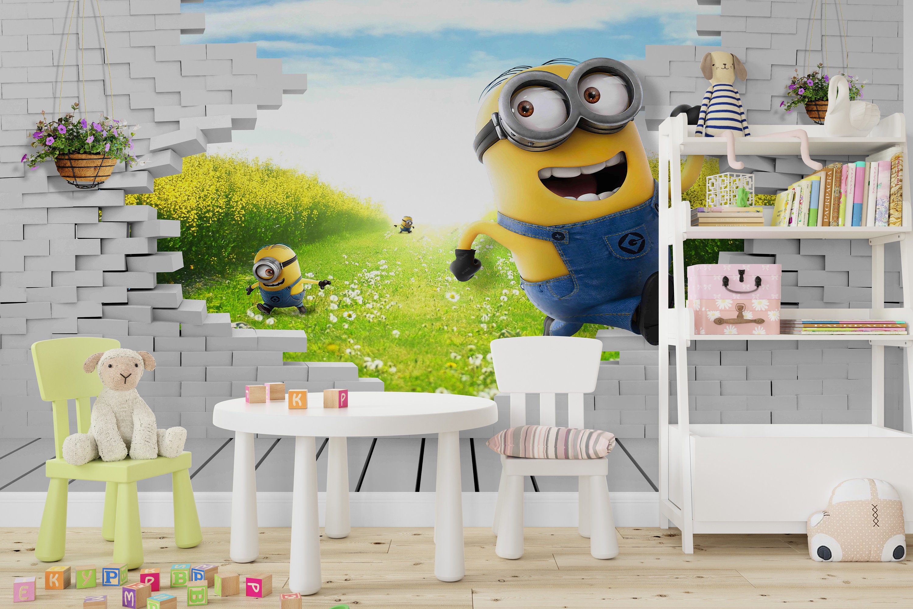 Minions 3D Kids Room Wallpaper Mural: Nursery Removable Peel and Stick ...