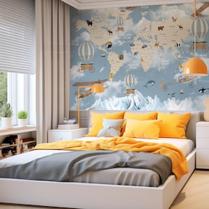 Kinder Weltkarte Tapete, Lerntier Karte Wandbild für Kinderzimmer & Spielzimmer Dekor, Schälen und Aufkleben, Tier Wandbild für Kinderzimmer oder Klassenzimmer