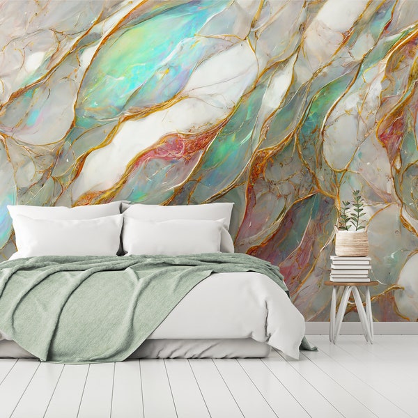 Emerald and Gold Vein Marble Wallpaper, Marble Wallpaper Peel and Stick, Peel and Stick Wallpaper Abstract, Abstract Paint Mural, Art Mural
