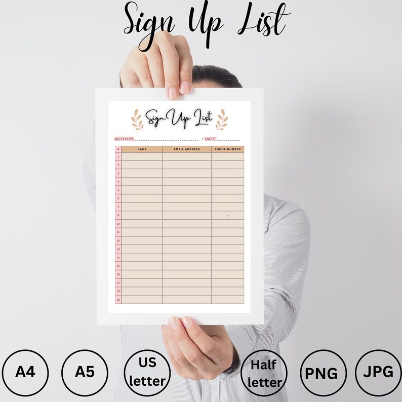 Sign up Sheet Template Editable Sign up List Printable Minimal Event ...