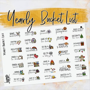 May include: A set of 24 colorful stickers with illustrations and text for a yearly bucket list. The stickers feature activities like baking, decorating easter eggs, enjoying fireworks, carving a pumpkin, building a snowman, crafting, going on vacation, making s'mores, roasting marshmallows, watching football, and more.
