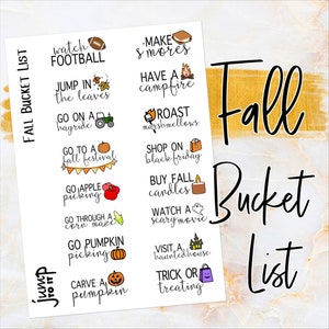 May include: A printable fall bucket list with 14 activities to do in the fall. The list includes activities like watching football, making s'mores, having a campfire, going to a fall festival, apple picking, pumpkin picking, carving a pumpkin, and trick or treating.
