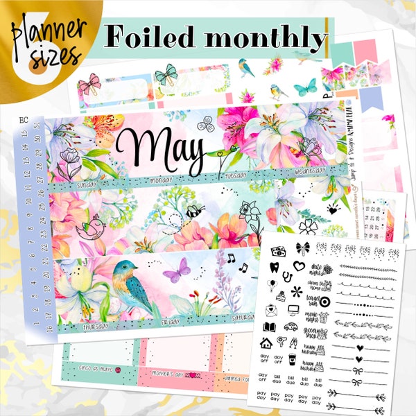 May Spring Bouquet FOILED monthly - Erin Condren Vertical Horizontal 7”x9”, Happy Planner Classic, Mini & Big