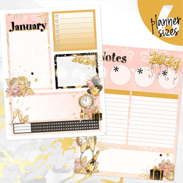 New Year's January '24 NOTES monthly sticker - Erin Condren Vertical Horizontal 7"x9", Happy Planner Classic, Mini & Big