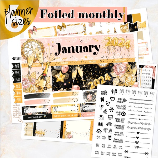 January New Year's Eve '24 FOILED monthly - Erin Condren Vertical Horizontal 7”x9”, Happy Planner Classic, Mini & Big