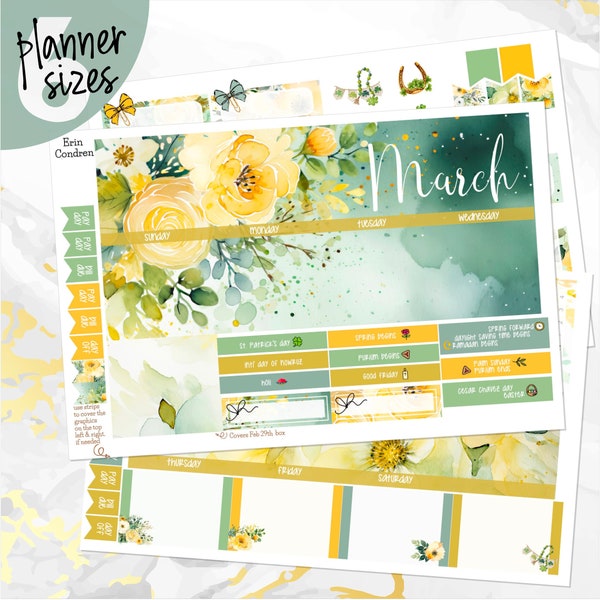 March Dreamy Floral monthly - Erin Condren Vertical Horizontal 7”x9”, Happy Planner Classic, Mini & Big