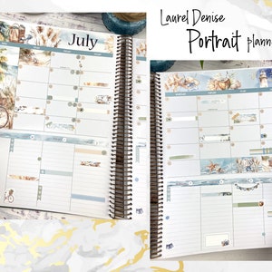 May include: A portrait planner with a July calendar page open. The planner has a nautical theme with illustrations of seashells, lighthouses, and a bicycle. The planner is decorated with washi tape and stickers.
