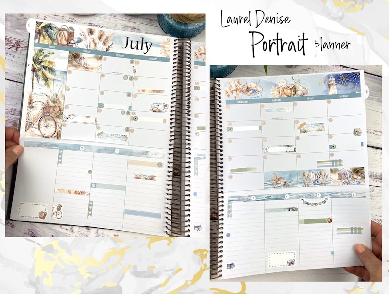 May include: A portrait planner with a July calendar page open. The planner has a nautical theme with illustrations of seashells, lighthouses, and a bicycle. The planner is decorated with washi tape and stickers.