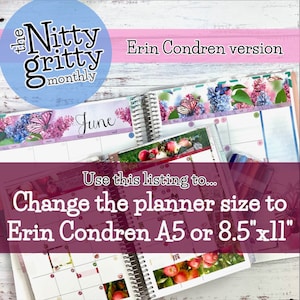 May include: A close-up of two open planners with floral and apple designs. The text "Use this listing to... Change the planner size to Erin Condren A5 or 8.5"x11"" is displayed on a pink and white background.
