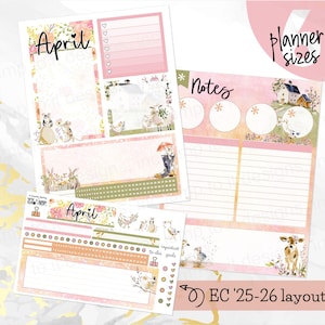 May include: A collection of planner stickers and inserts with a spring theme. The designs feature watercolor illustrations of animals, flowers, and the word "April". The layout includes notes sections, to-do lists, and decorative elements. The text "Planner sizes" and "EC '25-26 layout" are also visible.