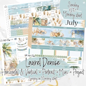 May include: A set of printable planner stickers with a beach theme. The stickers feature palm trees, seashells, sand, and a lighthouse. The text on the stickers reads "Sunday or Monday start" and "July".