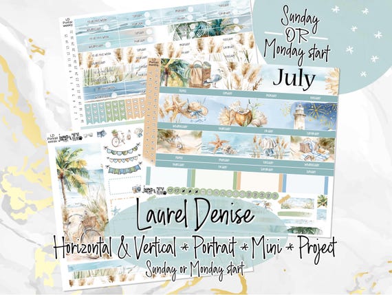 July Beach Days -for Laurel Denise Planner stickers -Scout/Portrait, Anne/Vertical, Nancy/Horizontal, Rose/Project & Mini