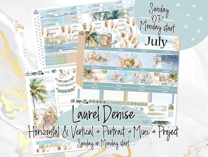 May include: A set of printable planner stickers with a beach theme. The stickers feature palm trees, seashells, sand, and a lighthouse. The text on the stickers reads "Sunday or Monday start" and "July".