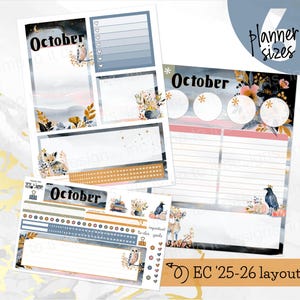 May include: A set of printable planner stickers for October featuring woodland animals like owls, foxes, and crows, along with floral accents. The layout includes checklists, date headers, and calendar grids with the text October and EC '25-26 layout.