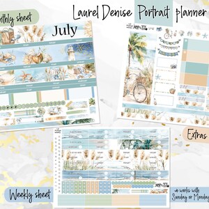 May include: A set of printable planner stickers with a beach theme. The stickers feature a variety of beach-themed illustrations, including seashells, palm trees, and a bicycle. The stickers are designed to be used with a portrait planner and include a monthly sheet, a weekly sheet, and an extras sheet. The text "Laurel Denise Portrait Planner" and "July" are visible on the stickers.